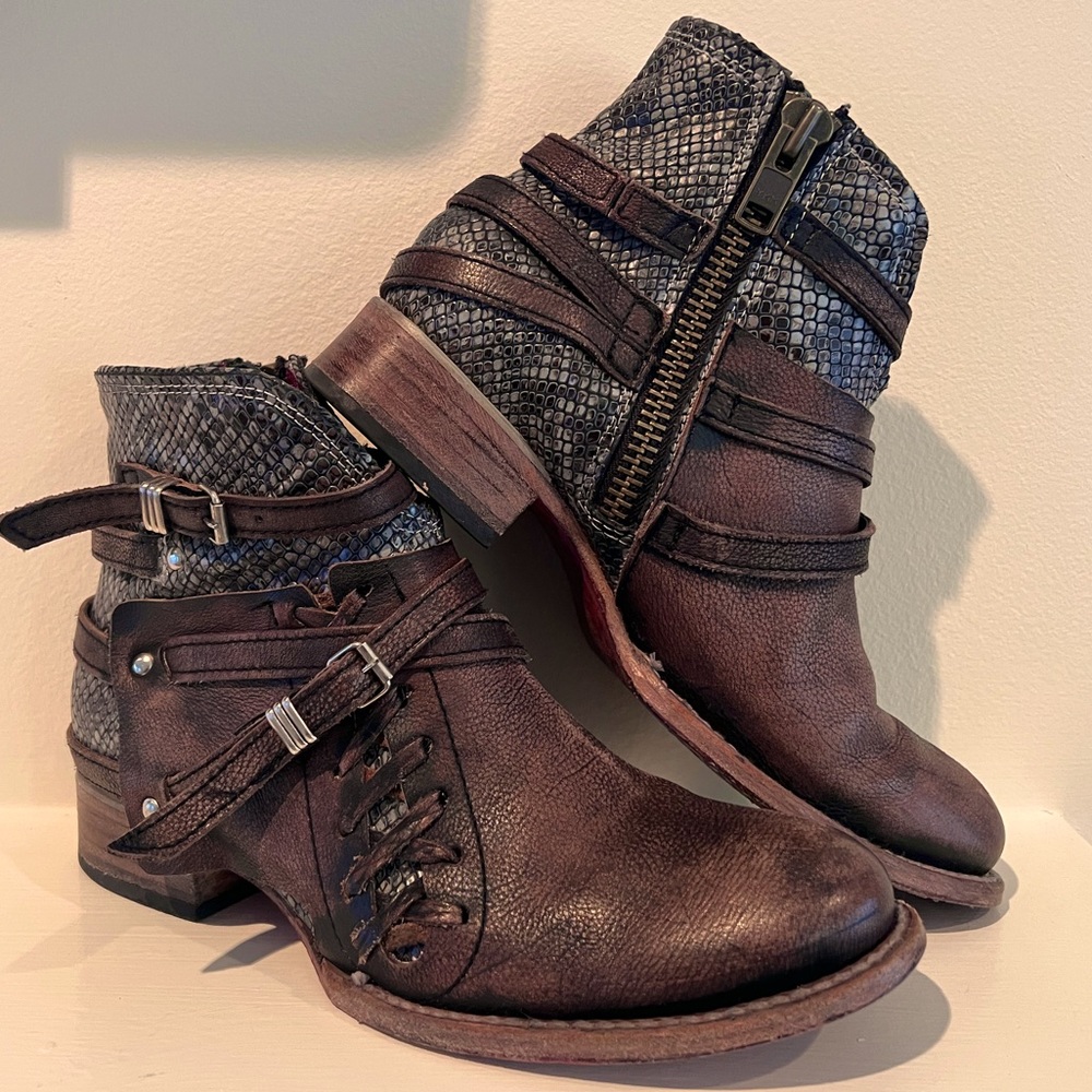 Freebird Leather “Belfast” Boots, Distressed Brown w/ Snakeskin Accents